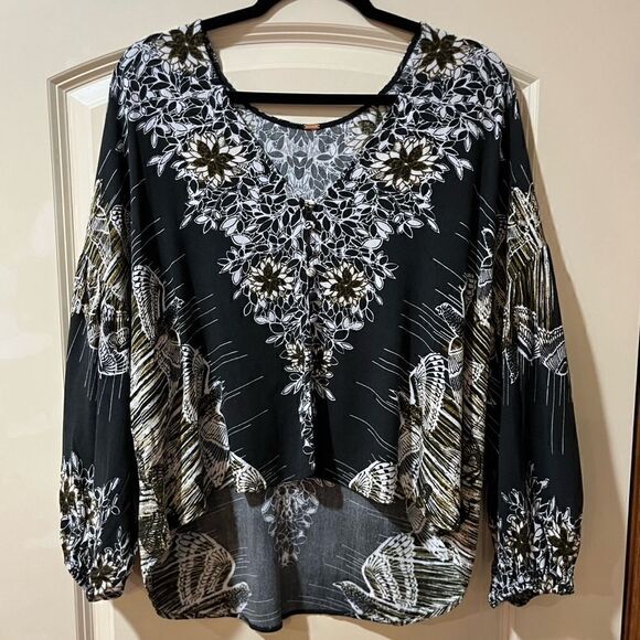 FREE PEOPLE Birds of a Feather Patterned Top Black Brown Beige Women’s Large - Picture 7 of 11